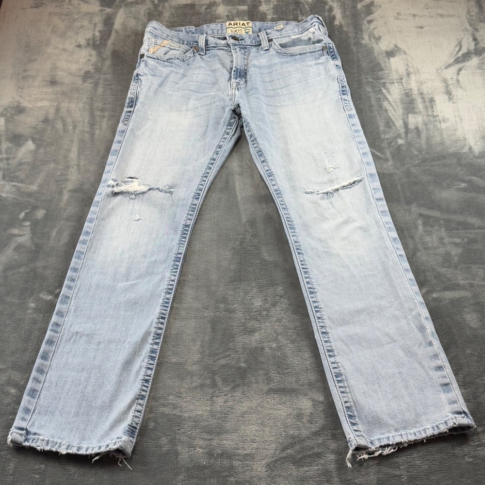 Ariat M7 Rocker Slim Fit Straight Leg Light Wash Distressed Jeans Mens Size 36